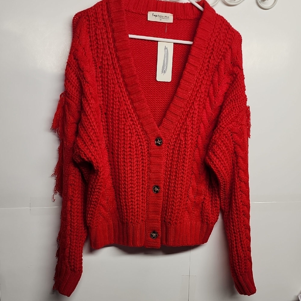 Impressions Vibrant Red Button-Up Cardigan Fringed Sleeves Size M Cozy Vibes